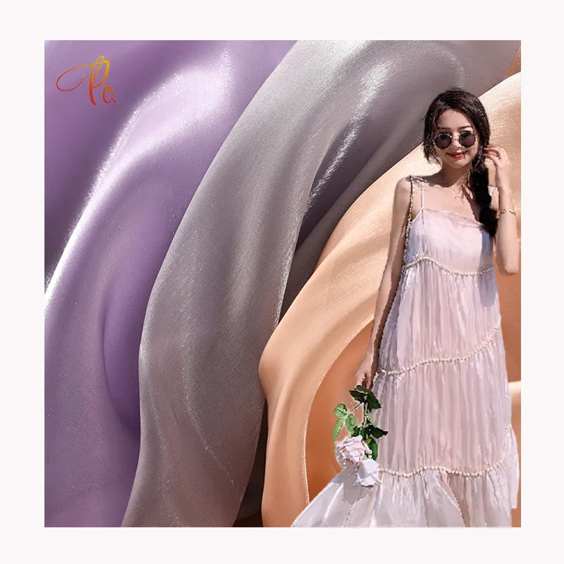 Kim loại pha lê mềm lụa sáng bóng ánh chất lỏng gaza 100% polyester Organza satin vải