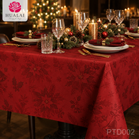 Taplak Meja Linen Merah Bermotif Daun Holly 8ft X 10ft 410g HuaLai untuk Pesta Liburan dan Acara di Rumah
