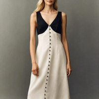 Robe longue sans manches en lin noir et blanc color-block pour femme, tissée naturellement, style vintage, collection automne, directement de l'usine