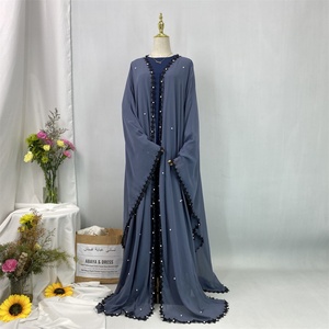 Luxury Pearls Muslim Abaya Best Sale Eid Black Lace Border Side Split Bottom <b>Cardigan</b> Breathable Chiffon Women Open Abaya 1653# - Product Image 4