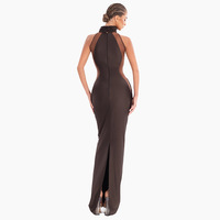Nouvelle Robe de Haute Qualité pour Femme, Col Halter, en Corde Tressée Couleur Café, Sans Manches, Fendue, Style Élégant