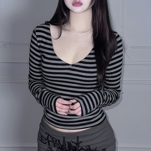 Camiseta de manga larga cruzada con espalda descubierta a rayas de bloque de Color para mujer Y2K Knit Slim Fit Top Casual Street Fashion Autumn Outfit - Product Image 3