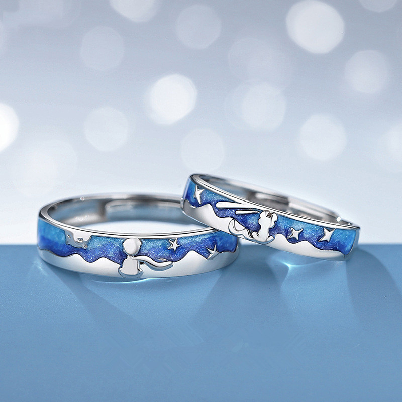 Gemini Personalized Elvish Couple Ring Set - Blue Two Tone Matte Titanium Wedding Bands For Him & Her - View #6