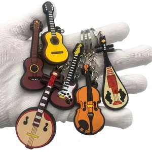 mini cartoon musikinstrument pvc-schlüsselanhänger 3d-gitarre gummi-schlüsselanhänger in großen mengen