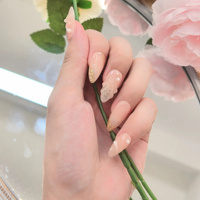Faux ongles à presser couleur Nude Milk Tea, forme Amande moyenne, en acrylique, texture nacre, ligne dorée, paillettes argentées, 10 pièces, fournisseur SPA
