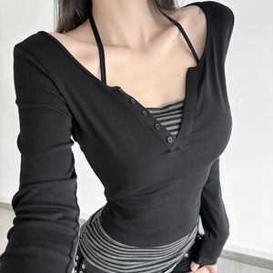 Women <b>Y2K</b> Two Piece Long Sleeve T Shirt Contrast Stripe Slim Fit Cropped Retro Streetwear Casual Chic <b>Top</b> - Product Image 4