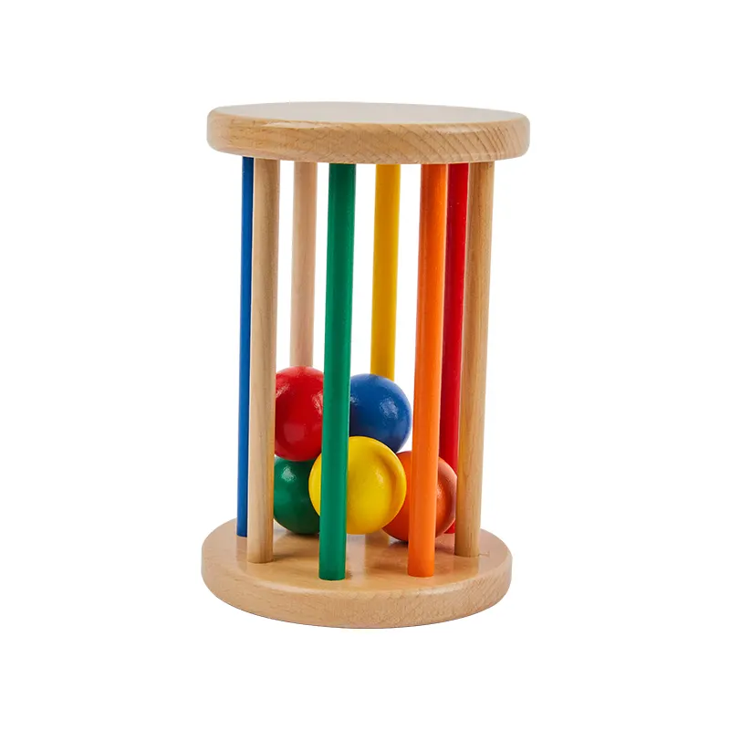 Montessori Materials Wooden Rattle Cylinder Baby Rolling Drum Toys