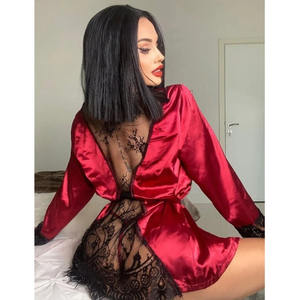 Yeni gelmesi dantel katı kırmızı iç çamaşırı Babydoll Robe evlilik seksi saten pijama seti artı boyutu kadın pijama - Product Image 2