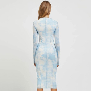 Robe midi à manches longues à col rond imprimée vert bleu, tenue décontractée pour tous les jours - Product Image 3