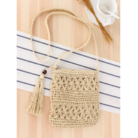 Sac bandoulière en paille tressée à pompons creux du Maroc, fait main, pour vacances d'été et plage, sac à téléphone au crochet