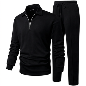 Men Tracksuit Black Half-<b>Zip</b> Stand Collar Solid Color Side Pockets Polyester Casual Wear Autumn Style Full Sleeve Regular Fit - Product Image 1