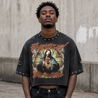 T-shirt court délavé pour homme avec motif en vitrail Sacré-Cœur Jésus, texte gothique, col à rivets, effet usé et troué, coupe oversize
