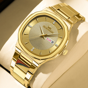 Reloj de pulsera de cuarzo para hombre, estilo hip hop, moderno, con correa dorada completa, calendario dual y fecha. - Product Image 1