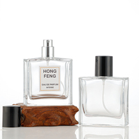 Vente en gros de flacons de parfum vides en verre carrés plats de haute qualité de 30 ml, 50 ml, 100 ml avec boîte, impression sérigraphique, pulvérisateur à pompe