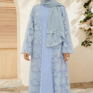 Abbigliamento Islamico di Lusso Fatto a Mano Abaya 2025 Pizzo 3D Testurizzato Floreale con Perle Abaya Aperto da Donna Abito Musulmano Set Abaya 3 Pezzi - Product Image 2