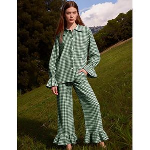 Womens Plaid Pajamas Set Cotton <b>Long</b> Sleeve Ruffle Pants <b>Matching</b> Lounge Wear Sleepwear - Product Image 5