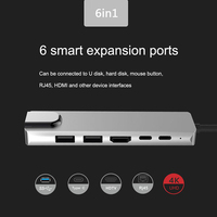 Alliage d'aluminium 6-en-1 USB C HUB Splitter Type C à Hdtv USB 3.0 Adaptateur pour Mobile PC USB HUB