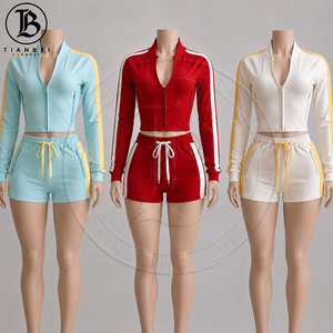 Y2K Velour <strong>Tracksuit</strong> for <strong>Women</strong> Custom LOGO Two Piece <strong>Velvet</strong> Set Zip up Hoodie Crop Jacket and Biker Shorts Velour Sweatsuits Set - Product Image 2