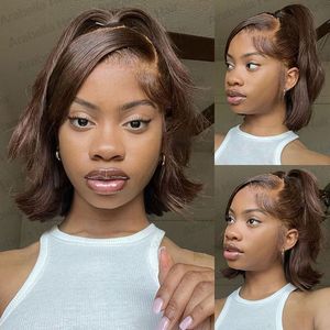 Perruque BOB Courte et Droite en Cheveux Humains, Style Européen et Américain, Marron, Naturelle et Réaliste, avec Raie au Milieu et Dentelle Frontale - Product Image 5