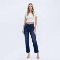 Celana Jeans Wanita High Waisted Straight Leg Trendi Warna Biru Tua, Celana Denim Longgar, Celana Kerja Kasual, Celana Kaki Lebar Ukuran Besar