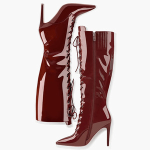 Large Size 46 Lace up Slim <b>Heels</b> Shoes Women Pointed Toe Patent Long Side Zipper Sexy Knee High Leopard Prints Boots - Product Image 1