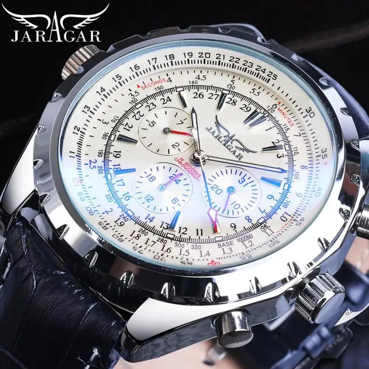 JARAGAR GMT1144 Top Brand Luxury Men Mechanical Automatic Clock Pilot Leather Strap Sport Watches 3 Sub-dials Reloj Hombre