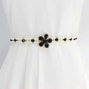 Wholesale Fashion Wide Elastic Artificial Imitation Women Waist Dress Rhinestone Pearl Beaded Belt