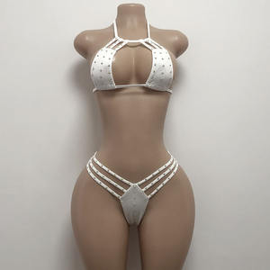 Tweedelig op maat gemaakt wit AB strass danspakje meisjes haltertop sexy string podium stripper outfit ballroom gemaakt van nylon - Product Image 5