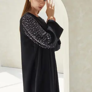 Online Shop Black Modest Classic Embroidery Dubai Khimar Hijab Abaya In London
