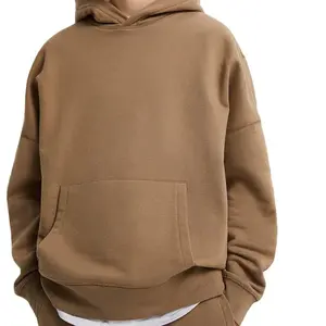 Verified Custom Suppliers Khaki Color Drop Shoulder Hoodies Cotton 100% Thick No String Plank Oversized Hoodies Men