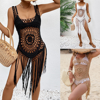 Robe midi vintage d'été pour femme, sans manches, ajourée, à franges, style cache-maillot de plage, en crochet fait main