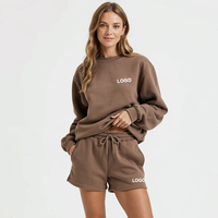 Ensemble de vêtements décontractés pour femmes, sweat-shirt à col rond surdimensionné marron avec logo personnalisé, short de sport, deux pièces