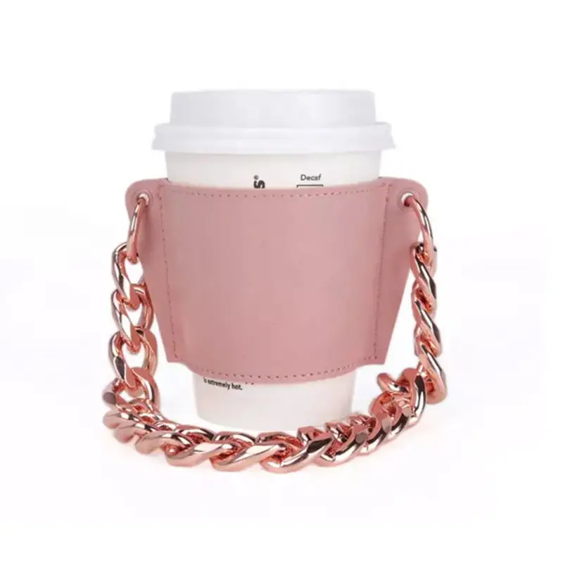 Portable Convenient Leather Neoprene coffee cup sleeve High quality Coffee cup holder with chain Drink holder