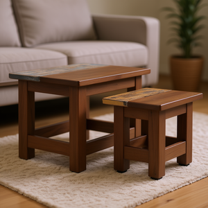 Solid Mahogany Wood <b>Nesting</b> Coffee <b>Tables</b> Set Of 2 Small And Large Living Room Furniture Brown Antique Design - Product Image 2