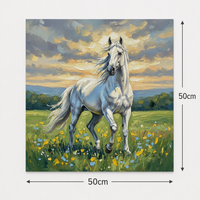 Peinture à l'huile sur toile de coton et lin, peinte à la main, 50x50cm, Cheval blanc au coucher du soleil sur prairie, texture épaisse, art mural pour la décoration de la maison