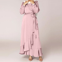 Vente en gros de robes élégantes pour femmes musulmanes africaines, islamiques, de Dubaï, de Turquie, en satin, hijab, abaya, manches longues, volants, soie, modestes