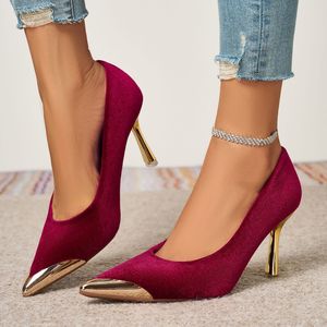 Scarpe Eleganti Xuanhui Coreane in Camoscio Bordeaux con Punta Dorata Metallica, <span class=keywords><strong>Tacco</strong></span> Sottile e Suola Antiscivolo in Gomma per Feste e Matrimoni - Product Image 1