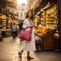 Sac à franges authentique turc avec motif de tulipes roses et de gants, tissu turc... En provenance de Turquie