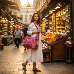 Bolso Turco Auténtico con Borlas, Diseño de Tulipanes Rosados y Guantes, Tela Turca... Desde Turquía - Product Image 3