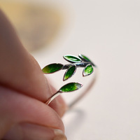 Bague ouverte en cuivre cloisonné feuille verte pour femme, style antique, rétro, littéraire et artistique
