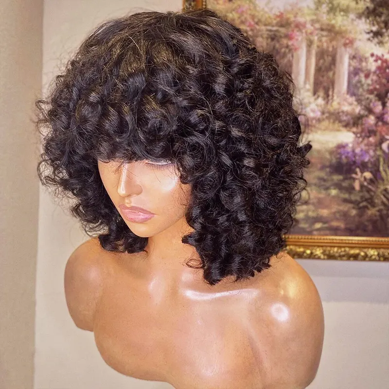 Fumi Human Hair Wig With Bangs Full Machine Made Short Bob Rose Curly Brazilian Water Wave Wigs For Black Women