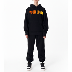 Survêtement personnalisé épais 2 pièces pour femmes Pull à manches longues surdimensionné Pantalon de jogging à jambes larges Noir Hiver - Product Image 1