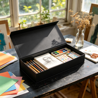 Coffret Cadeau d'Art Noir avec Pinceaux, Carnet de Croquis, Palette d'Aquarelle, Autocollants, Pots d'Encre, Chevalet – Emballage en Gros, Ensemble Cadeau