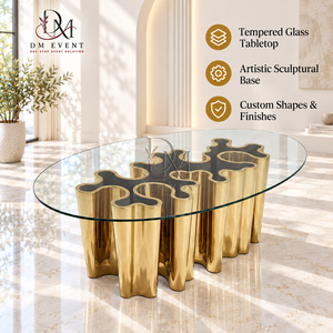 Mesa de Comedor Ovalada de Acero Inoxidable Dorado de Alta Gama con Cubierta de Vidrio Transparente y Base Escultural, Proveedor Mayorista para Eventos - Product Image 1