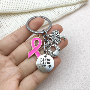 Porte-clés <span class=keywords><strong>en</strong></span> métal créatif avec ruban <span class=keywords><strong>rose</strong></span> pour <span class=keywords><strong>la</strong></span> sensibilisation au cancer du sein, motif arbre de <span class=keywords><strong>vie</strong></span>, ailes et inscription 'Love NEVER GIVE UP', pendentif pour sac - Product Image 4