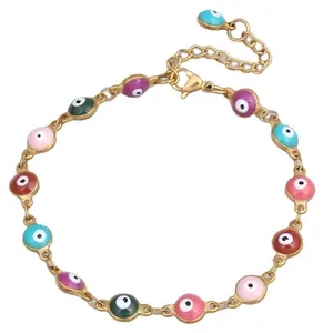 Pulsera de tobillo personalizada evileye charm, tobilleras de cuentas evileye chapadas en oro de 14K, tobilleras de joyería fina para mujeres