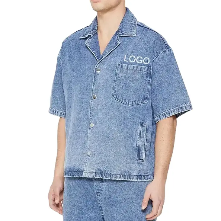 Personalizzato spalla scesa tasca sul petto manica corta abbottonatura colletto da campo 100% cotone lavato Cropped Jean Denim Shirt per uomo