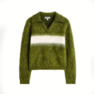 <b>Women</b> Fuzzy Mohair Blend Color Block <b>Polo</b> Collar Knit Sweater V <b>Neck</b> Long Sleeve Loose Jumper Custom Logo - Product Image 4