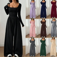 Combinaisons tendance automne BYJ9091 pour femmes, décontractées, col carré, manches longues, coupe ajustée, une pièce, jambes larges, pour dames