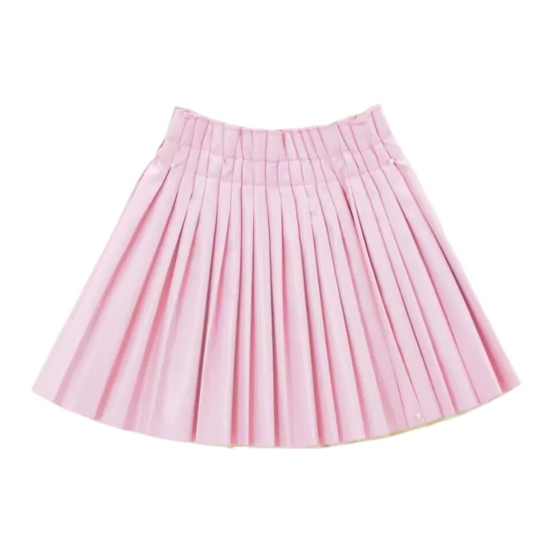 OEM Custom Absolve Cleaning PU Leather Ruffle Girls gonne a pieghe sintetiche elasticizzate short knit skirt designs